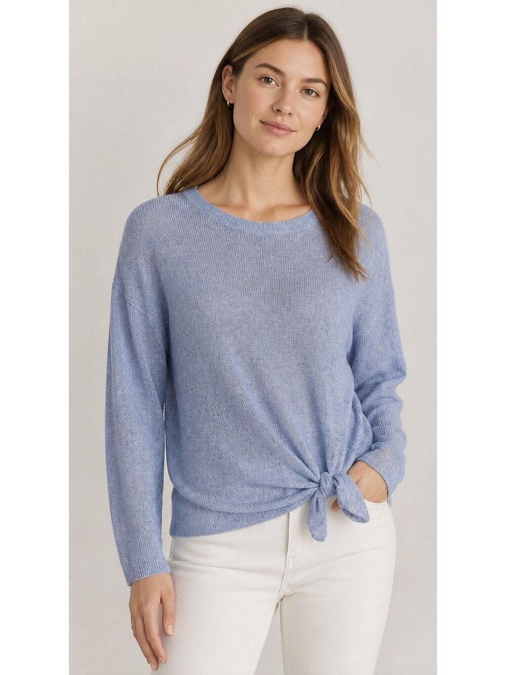 WHITE + WARREN 100% Linen Crew Neck Marled Knit Side Tie Sweater Sml Minimalist